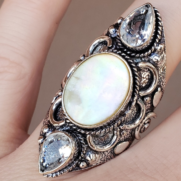 New Abalone Shell & White Topaz 925 Silver Statement Ring. - Picture 10 of 13